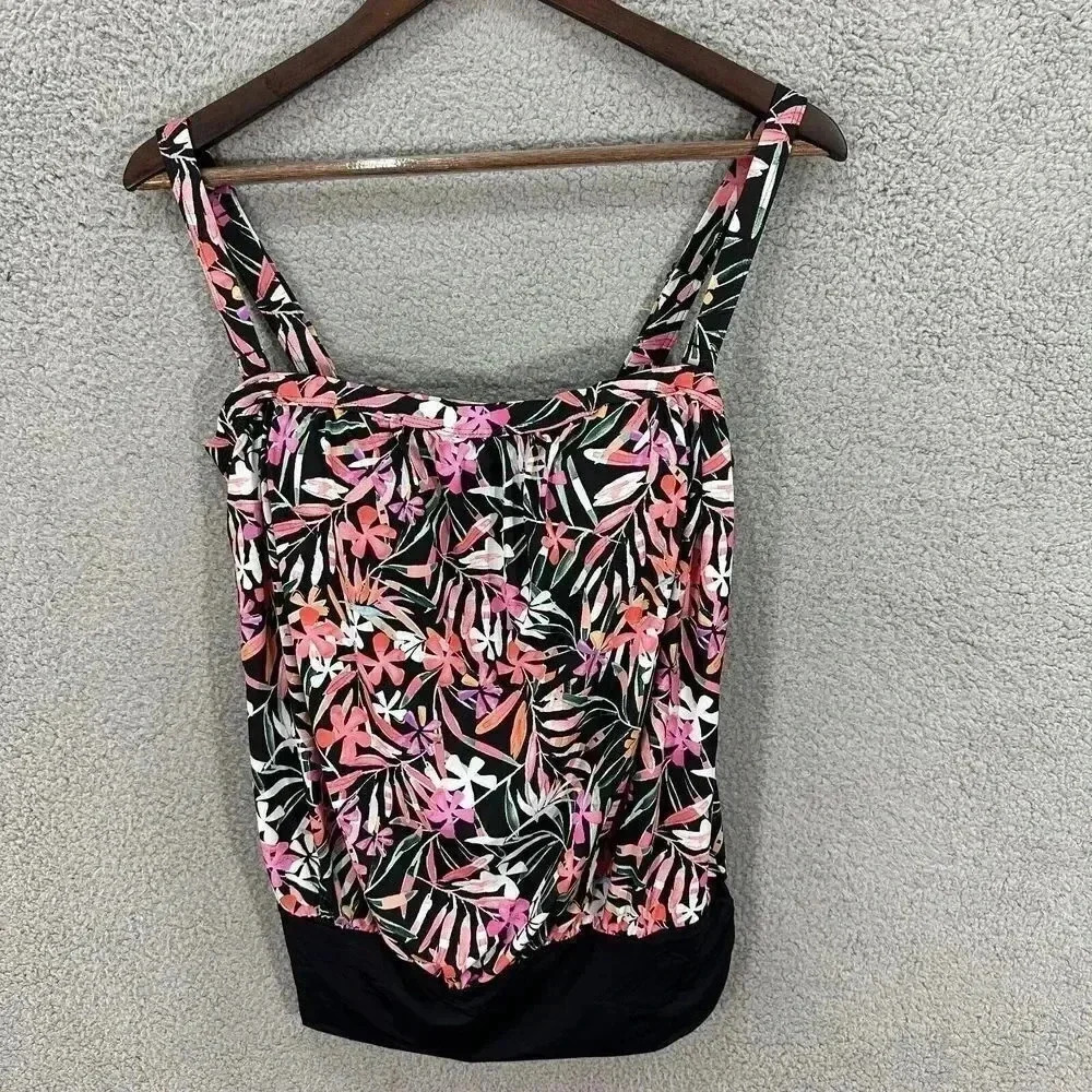 swimsuits for all womens tankini top 8 black pink floral ruched adjustable NWT